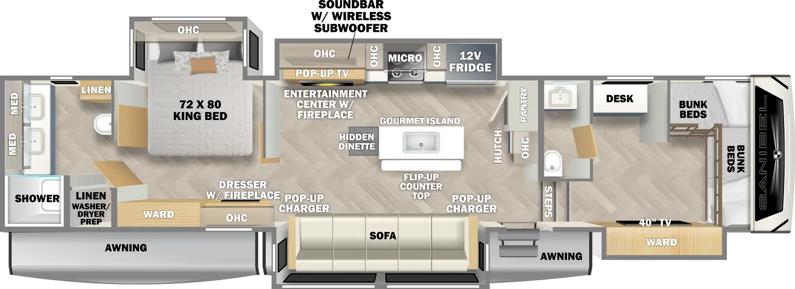 The Sanibel 3952FBWB has one entry and four slide outs. Exterior features include: fiberglass exterior and 12' & 18' awning. Interiors features include: bunk beds, kitchen island and rear bathroom.